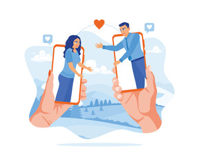 A young couple communicates using a cell phone. Celebrate Valentine's Day online. Virtual Relationships concept. Flat vector illustration.