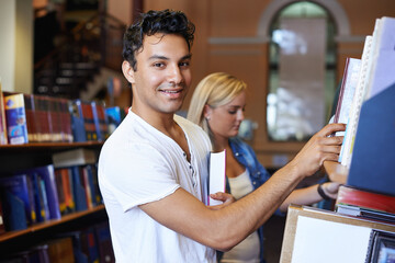 Portrait, book or student in a library to search at university, college or school campus for...