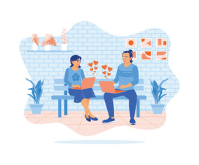 Young couple sitting on chairs inside the house. Send each other heart symbols from the laptop screen. Online Dating concept. Flat vector illustration.