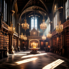a sumptuous medieval library, filled with ancient tomes and lit by hanging chandeliers - obrazy, fototapety, plakaty