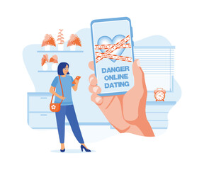 Woman standing while looking at cell phone indoors. The cellphone screen displays the words DANGER ONLINE DATING. Online Dating concept. Flat vector illustration.