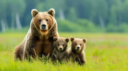 Foto op Aluminium Brown bear, ursus arctos, mother with two cubs on green meadow with copy space. Wide panoramic banner of wild mammal with her lovely offsprings. Animal wildlife in summer nature © Dianne