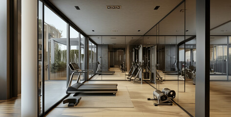 interior of a modern office, person working out in gym, Photo of a Minimalist Home Gym with Mirrored Walls