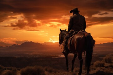 A lone cowboy rides across a vast desert landscape at sunset - obrazy, fototapety, plakaty