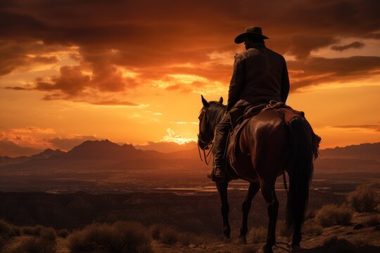 A lone cowboy rides across a vast desert landscape at sunset