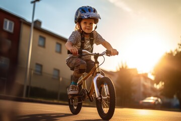 Cute child in helmet learns and rides a bike on a sunny day at sunset  - obrazy, fototapety, plakaty