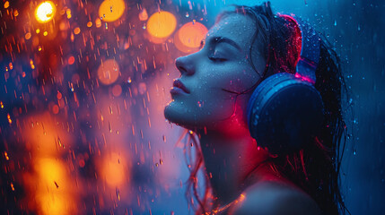 teenage Girl or young woman with headphones listening to music in the pouring rain, outside. Cinematic, powerful scene.  - obrazy, fototapety, plakaty