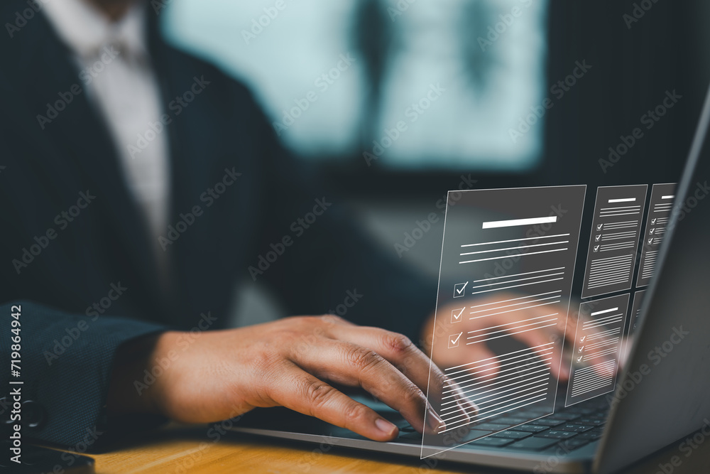 Poster Businessman showing online document validation icon, Concepts of practices and policies, company articles of association Terms and Conditions, regulations and legal advice, corporate policy