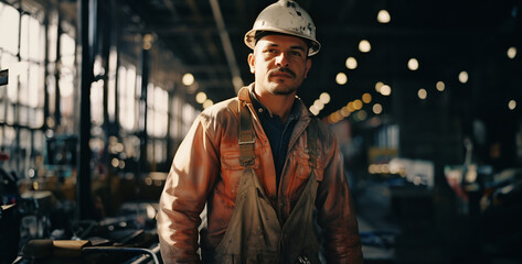 portrait of a man in a helmet, man standing in warehouse, man in the street, portrait of a person in the city, latino welder in spring in a steel warehouse that doe