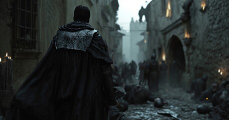 Naklejka premium medieval criminal in dark robes back view