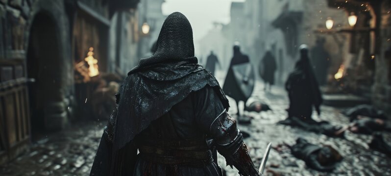 medieval criminal in dark robes back view