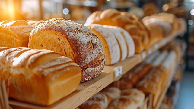 Close shot of fresh bakery breads kept on wooden rack on bakery showcase with a big copy space, Generative AI.