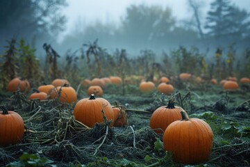 A mysterious and foggy pumpkin patch with pumpkins of various sizes