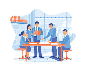 A businessman leads a meeting to examine work plans. Businessman in office workplace concept. Flat vector modern illustration 