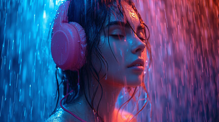 teenage Girl or young woman with headphones listening to music in the pouring rain, outside. Cinematic, powerful scene. 