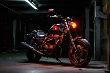 Motorcycle in garage at night,  Selective focus with shallow depth of field