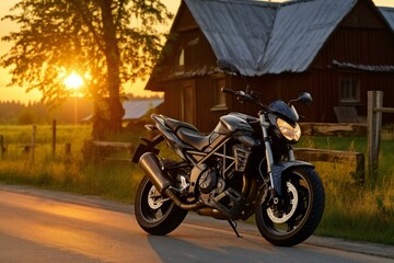 Motorcycle stands on the road in the rays of the setting sun