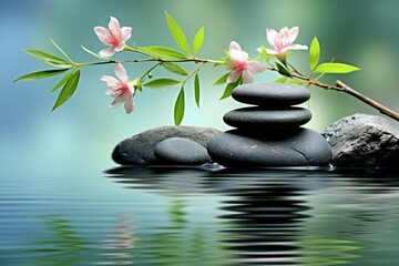 Zen basalt stones and pink flower on the water, zen concept