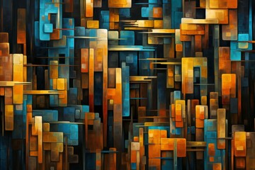Abstract background of geometric shapes in shades of orange, blue and brown