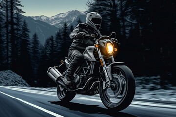 Motorcycle rider on the road in the mountains
