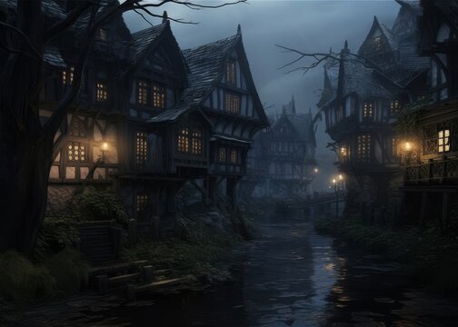 river next to houses, in the style of dark fantasy, wood, medieval halloween