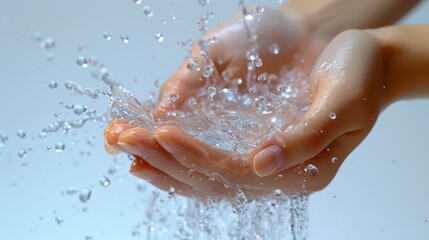 A captivating photography image capturing the elegance of a young female hand in a stop-motion sequence, delicately washing with crystal-clear water against a pristine white background