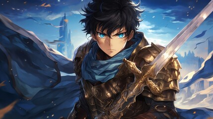 teenage hero with slightly unruly black hair and blue eyes wearing copper-colored medieval armor and tattered blue cloak