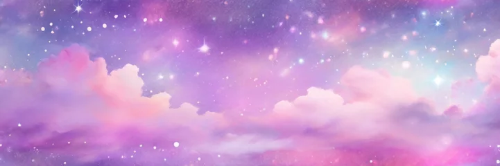 Fotobehang Holographic fantasy rainbow unicorn background with clouds and stars. Pastel color sky. Magical landscape, abstract fabulous pattern. Cute candy wallpaper. Vector. © Cobe