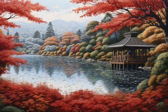 Autumn landscape with lake and gazebo in Japanese style