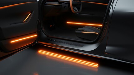 A zoomedin view of a car door being od showcasing the sleek and streamlined door sill with neonlit accents in orange giving the vehicle a sporty and modern look.