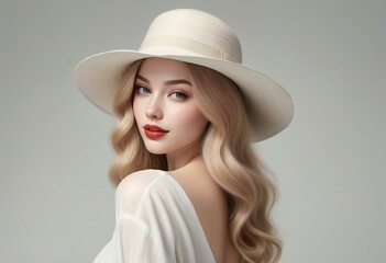 Portrait of beautiful blonde woman with red lips and white hat