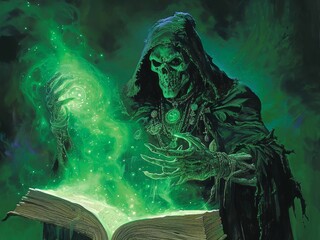 The dark skull lord draws his power from an ancient book, medieval fantasy, Dungeons and Dragons