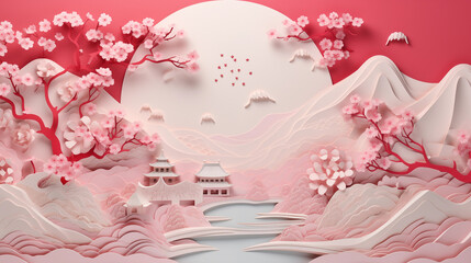 asian culture in a style of paper art with pink background, generate ai