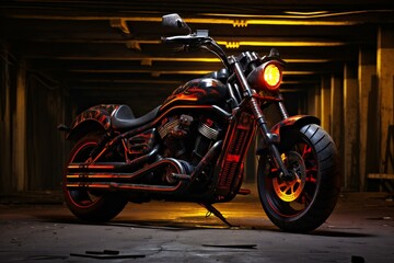 Racing motorcycle in a dark abandoned garage
