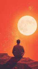 Man Sitting on Cliffside Contemplating the Moon and Stars in Red Sky
