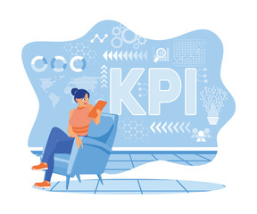 Young woman using digital tablet. Sitting on a chair with a KPI background. Smart KPI concept. flat vector modern illustration 