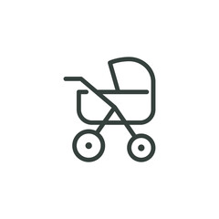 Thin Outline Icon Baby Carriage or Baby Buggy. Such Line Sign as Perambulator, Baby Transport. Vector Isolated Pictogram for Web and App on White Background Editable Stroke.