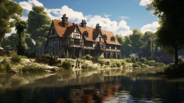 the medieval noble manor over by a pond