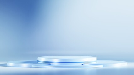 Blank product stand with neon lights on pastel blue and white background. 3d rendering. empty background for product promotion. Stand, podium, award, steps. Pastel empty background.