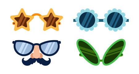 Glasses vector icon set. Stylish sunglasses in the shape of a star, flower, alien eyes. Funny mask with a mustache, nose. Colorful 60s accessories, groove style. For a disco party, carnival, festival
