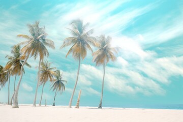 Fototapeta na wymiar Palm trees on a tropical beach with blue sky and white clouds