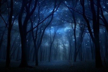 Mystical dark forest at night with fog