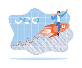 Young businessman riding a rocket. Analyze profitable new business investments. Successful career take of concept. flat vector modern illustration 