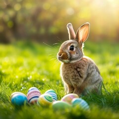 Fototapeta premium easter bunny with easter eggs