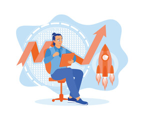 A businessman is sitting in a chair analyzing company statistical graphs. Successful career take of concept. Flat vector illustration.