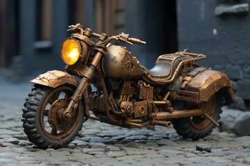 Vintage motorcycle on the cobblestone street in Prague, Czech Republic
