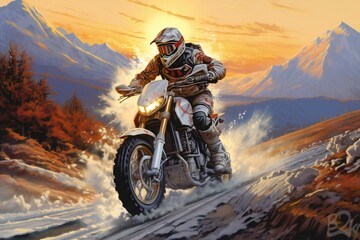 Motocross rider on the road at sunset