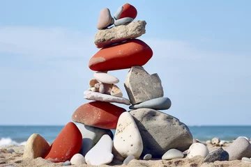Türaufkleber Steine​ im Sand Stack of zen stones on the beach with sea in the background