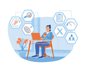 Business people work using laptops and cell phones with benchmarking icons on the screen. Benchmarking concept. flat vector modern illustration 