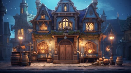 the two story magic shop is over by a town square
